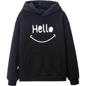 Girl's Black "Hello" L/S Fleece Hoodie Sweatshirt, Size ? (Check Measurements)